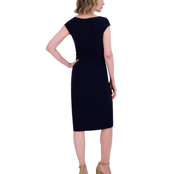 Jessica Howard Petite Pleat-Front Cap-Sleeve Boat-Neck Dress - Navy (NWT, 12P) - Picture 2 of 4